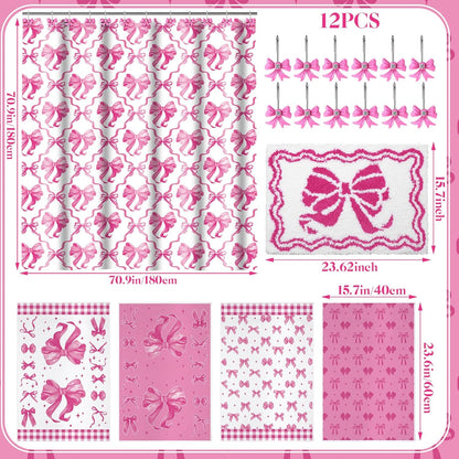 Fourluoo 18 Pcs Fabric Shower Curtain Set with 12 Decorative Shower Curtain Hooks Bathroom Towels Non Slip Absorbent Microfiber Rug for Modern Aesthetic Bathroom(Pink,Bow)