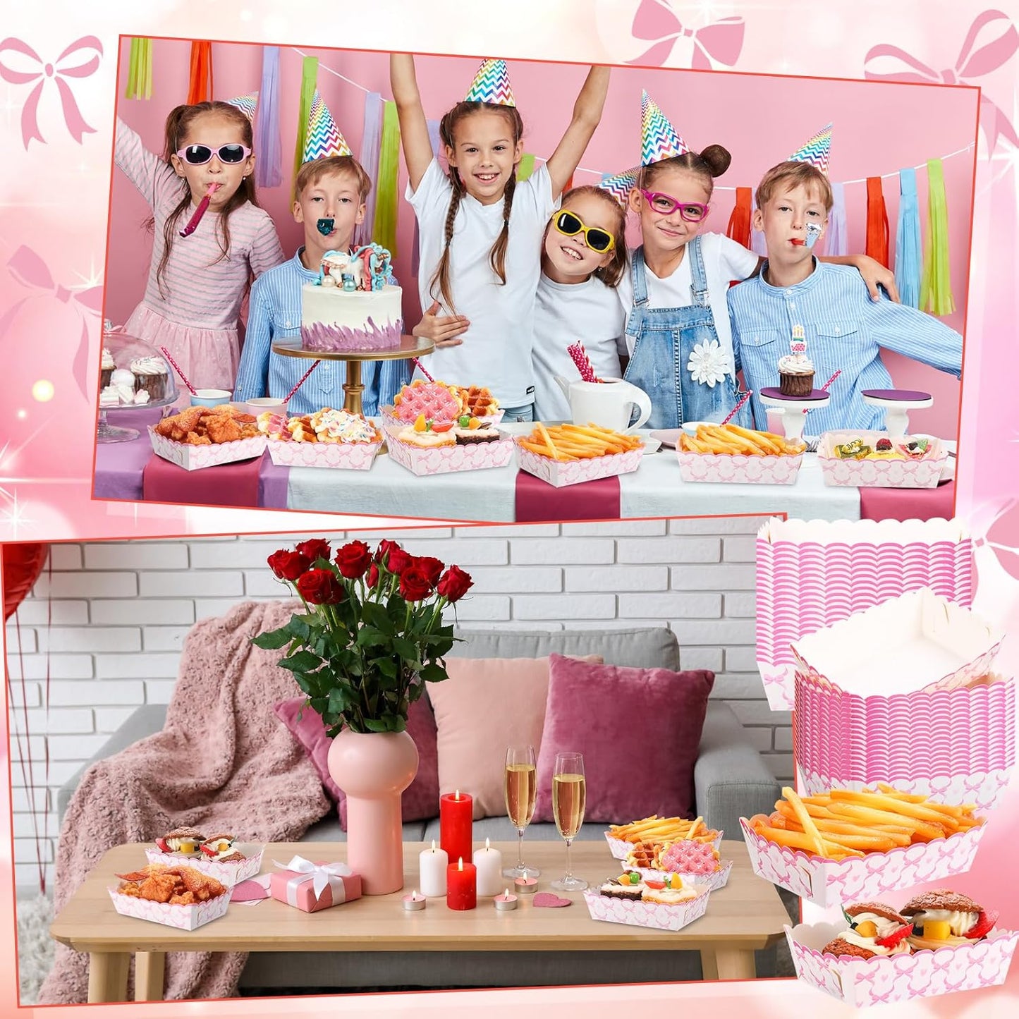 Domensi 60 Pcs Pink Bow Paper Food Trays Birthday Decorations Kraft Bow Plates Snack Nacho Hot Dog Popcorn Serving Trays Coquette Party Supplies for Wedding Bridal Baby Shower Party Decoration