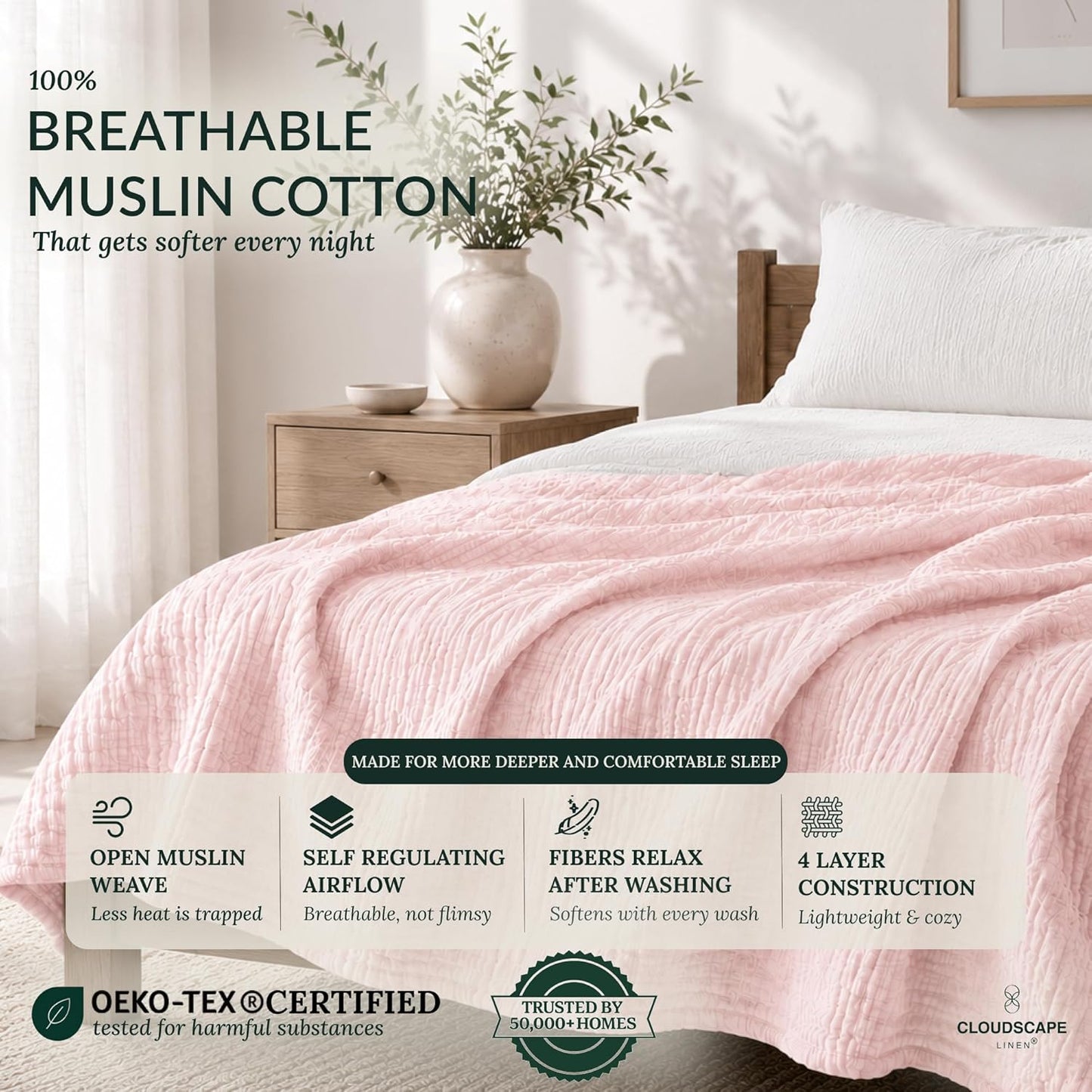 CLOUDSCAPE 4 Layer Muslin Blanket for Adults - 100% Cotton Blanket Queen Size Bedding, 92"x92" Fits Upto Full Size Bed, All-Season Lightweight Gauze Soft, Breathable Summer Blankets - Seashell Pink