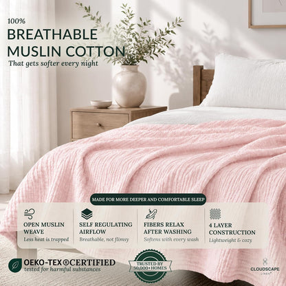 CLOUDSCAPE 4 Layer Muslin Blanket for Adults - 100% Cotton Blanket Queen Size Bedding, 92"x92" Fits Upto Full Size Bed, All-Season Lightweight Gauze Soft, Breathable Summer Blankets - Seashell Pink
