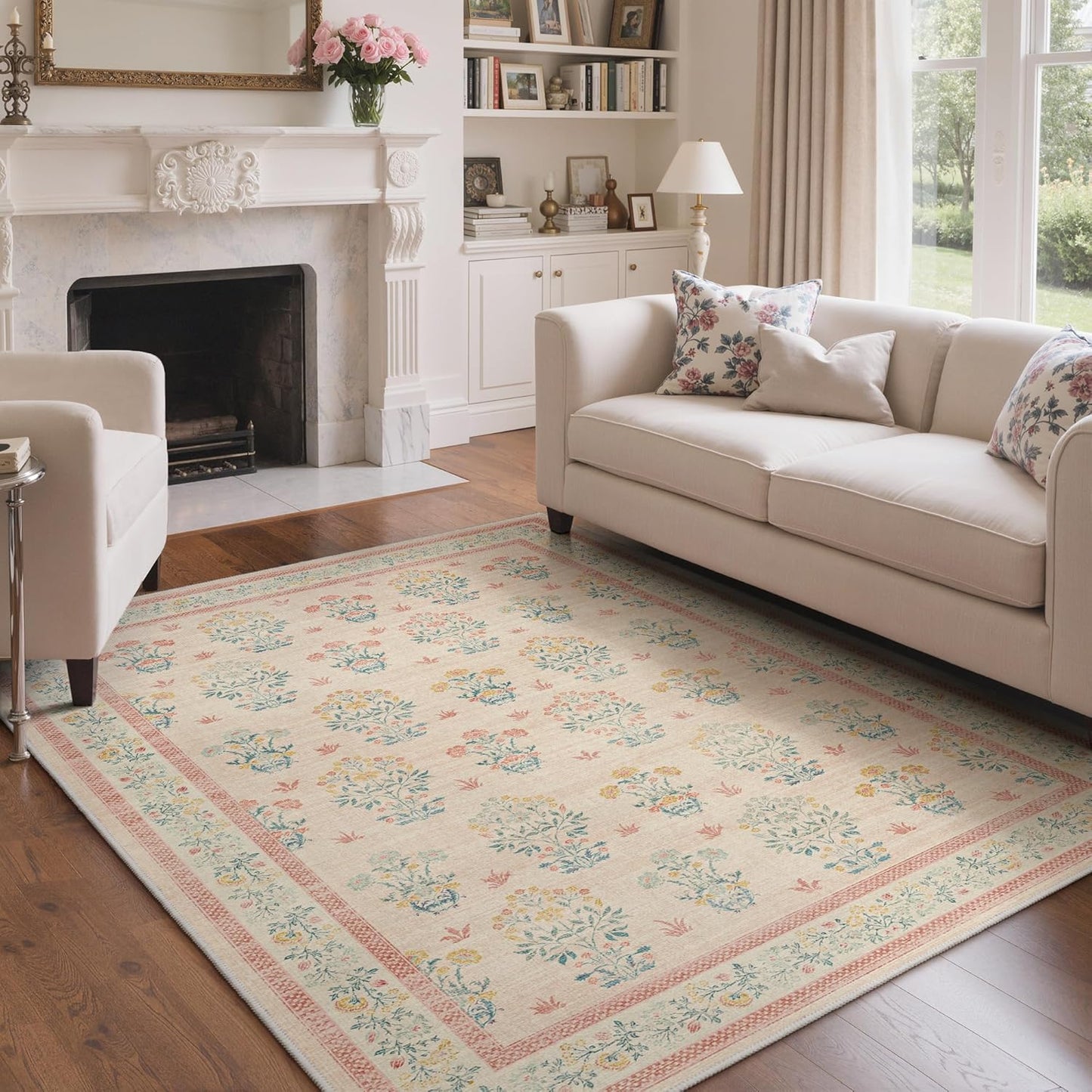 GENIMO 5x7 Vintage Floral Area Rug, Soft Microfiber Washable Rug with Non-Slip Backing, Pink Carpet for Living Room, Bedroom and Dining Room