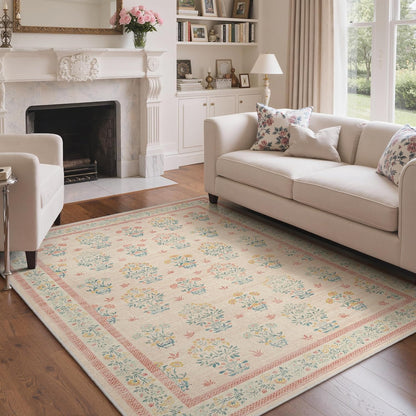 GENIMO 5x7 Vintage Floral Area Rug, Soft Microfiber Washable Rug with Non-Slip Backing, Pink Carpet for Living Room, Bedroom and Dining Room