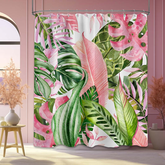Pink and Green Tropical Palm Leaf Shower Curtain Monstera Leaves Jungle Plant Shower Curtains for Bathroom Decor, Waterproof Cloth Fabric with Hooks 70 X 72 Inch