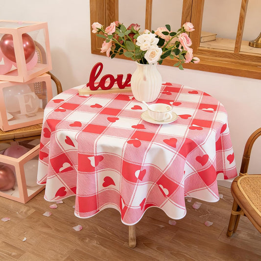 MikiUp Checkered Round Valentine's Day Tablecloth - Waterproof, Wrinkle Resistant and Washable Gingham Table Cloth Decorative Table Cover for Party, Pink 60 Inch