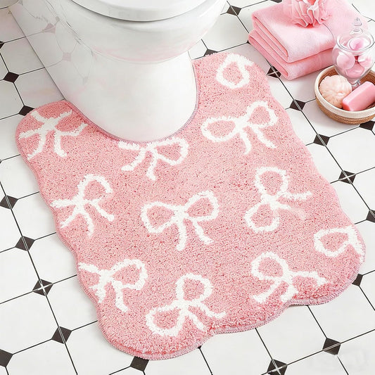 FYSUIMU Pink Bow Bathroom Rug U-Shaped Toilet Rug Soft Plush Bath Mat Non Slip Washable Floor Mat for Home Hotel Bathroom Restroom Decor