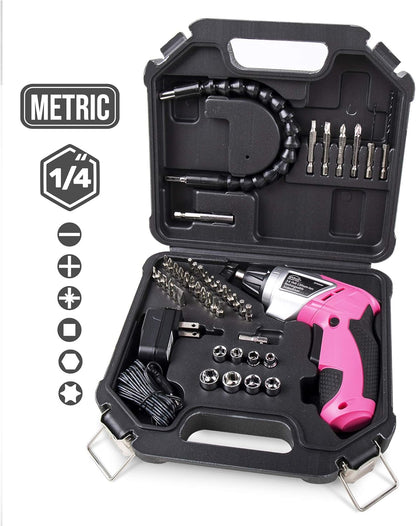 Apollo Tools Lightweight Cordless Screwdriver Set Includes Rechargeable 3.6 Volt Li-ion Screwdriver and 45 Piece Accessory Set in Black Carrying Case- Pink Ribbon- Pink - DT4944P