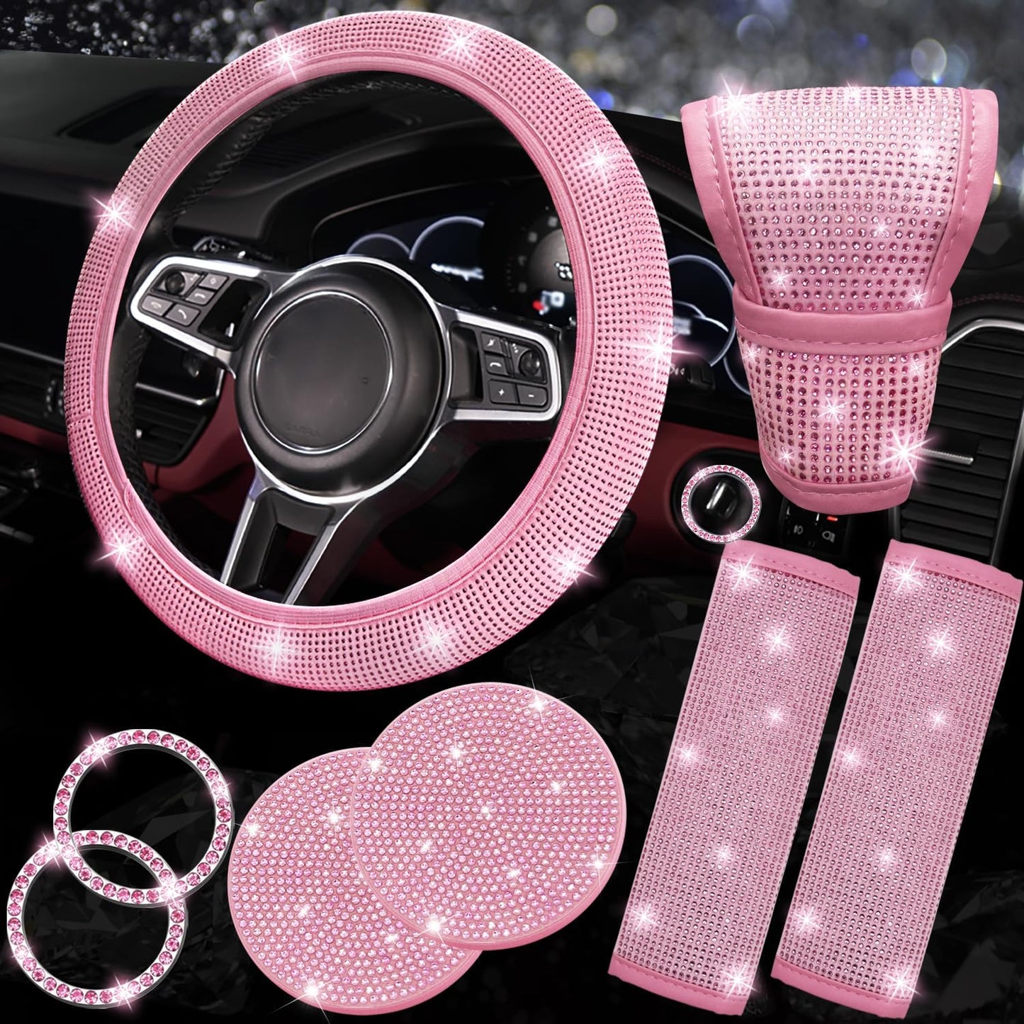 NBTEPEM 8 pcs Pink Bling Car Accessories Set for Women, Steering Wheel Cover, Sparkly Seat Belt Covers, Bling Gear Shift Cover, Universal Fit Most Cars (All Pink Diamond)