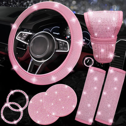 NBTEPEM 8 pcs Pink Bling Car Accessories Set for Women, Steering Wheel Cover, Sparkly Seat Belt Covers, Bling Gear Shift Cover, Universal Fit Most Cars (All Pink Diamond)
