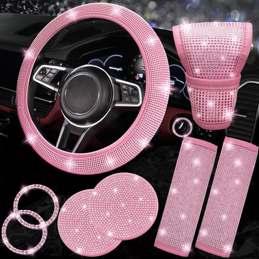 NBTEPEM 8 pcs Pink Bling Car Accessories Set for Women, Steering Wheel Cover, Sparkly Seat Belt Covers, Bling Gear Shift Cover, Universal Fit Most Cars (All Pink Diamond)