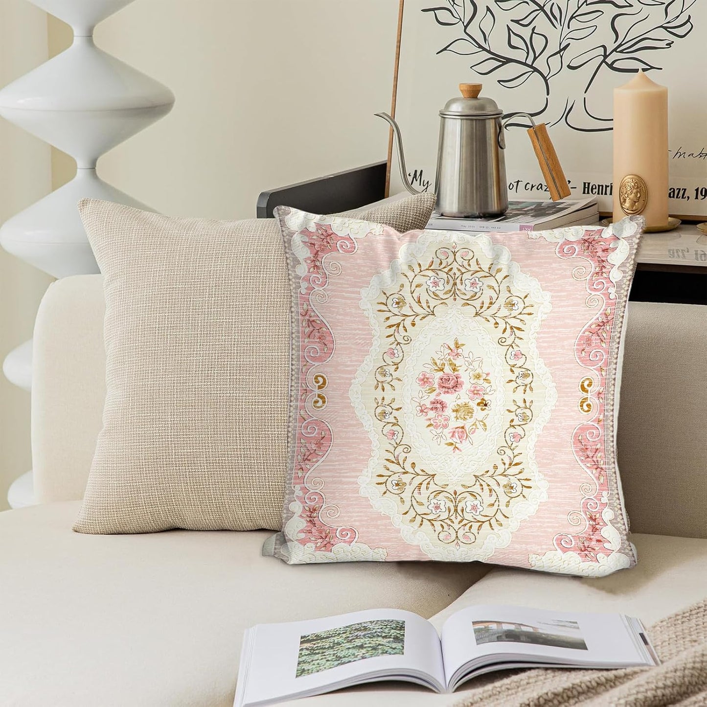 Boho Floral Throw Pillow Covers 16x16 inch Set of 2,Pink Boho Rug Geometric Floral Pattern Decor Double Sided Pattern Cushion Cover Soft Pillow Case Living Sofa Room Bed Square Pillow Cover