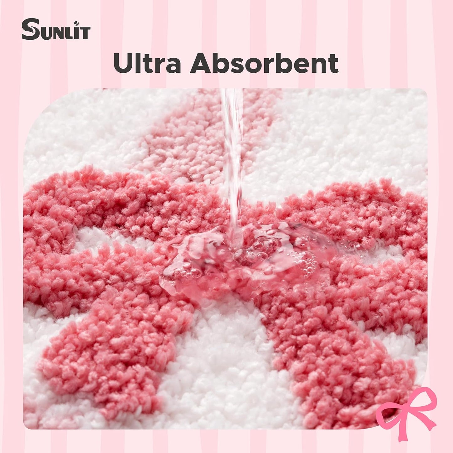 Sunlit Cute Bow Bathroom Rugs 32x20, Coquette Pink Bow Rug for Bedroom, Extra Soft Super Absorbent Bath Mat Quick Dry, Shaggy Bath Rug Non-Slip Washable Bathroom Floor Mat, Pink Stripe