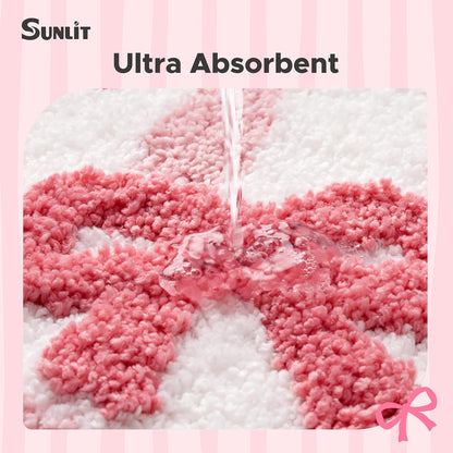 Sunlit Cute Bow Bathroom Rugs 32x20, Coquette Pink Bow Rug for Bedroom, Extra Soft Super Absorbent Bath Mat Quick Dry, Shaggy Bath Rug Non-Slip Washable Bathroom Floor Mat, Pink Stripe