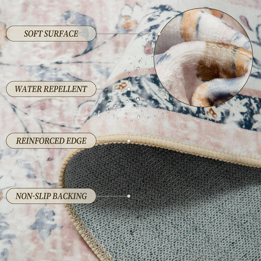 RELEANY Area Rug 6x9, Vintage Floral Distress Print Pattern, Washable Non-Slip Low-Pile Indoor Carpet for Bedroom, Living Room, Dining Room & Entryway, Pink Purple