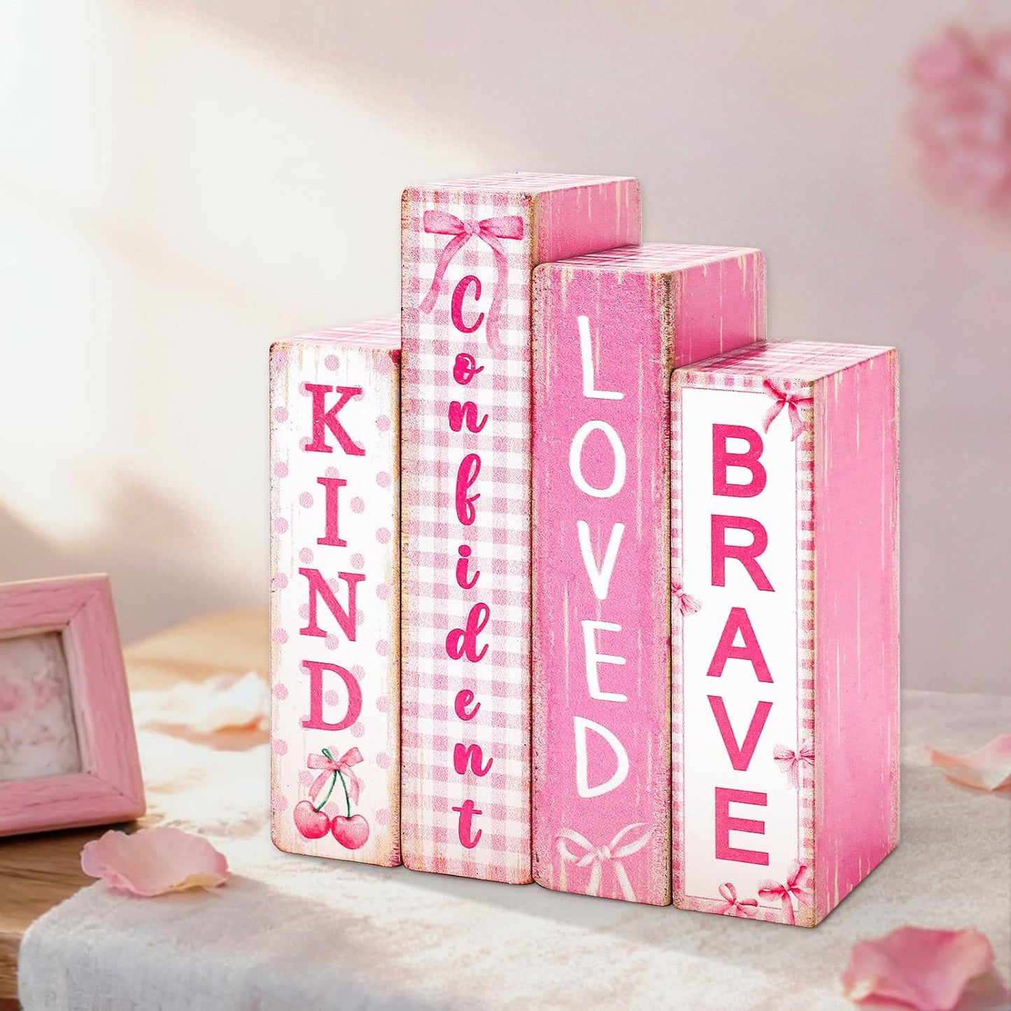 FYSUIMU 4Pcs Pink Bow Table Block Signs Wooden Book Sign Inspirational Table Centerpiece Sign for Farmhouse Home Room Party Shelf Decor