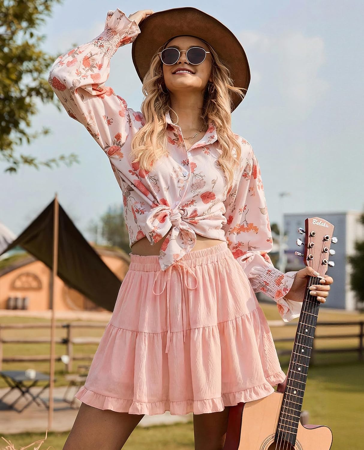 Uhiger Flowy Skorts for Women High Waisted Ruffle Tiered Mini Skirt with Shorts Underneath Casual Boho Tennis Golf
