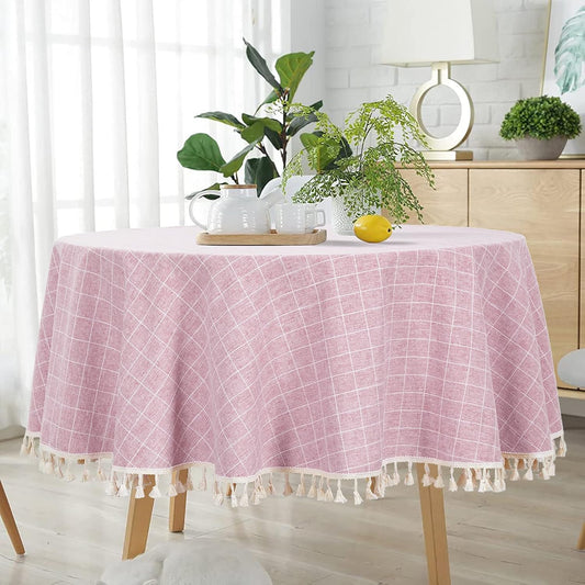 ShinyBeauty Round Cotton Linen Tablecloth - Wrinkle Free, Dust-Proof, Washable Buffalo Check Table Linen with Pink Embroidery Tassel - 55" for Home Kitchen Tables