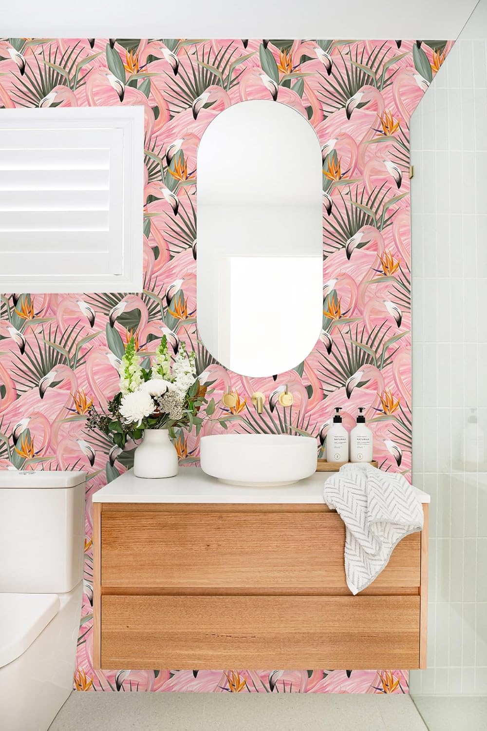 HAOKHOME Pink Wallpaper Peel and Stick Tropical Flamingos Removable Stick on Contact Paper for Bedroom Pink/Green/Orange 17.7in x 9.8ft