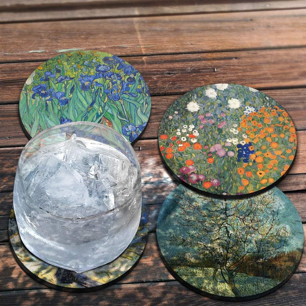 CARIBOU Coasters - Irises, Mulberry, The Pink Peach Tree by Vincent Van Gogh, Gustav Klimt Flower Garden Design Absorbent Round Fabric Felt Neoprene Coasters for Drinks, 4pcs Set