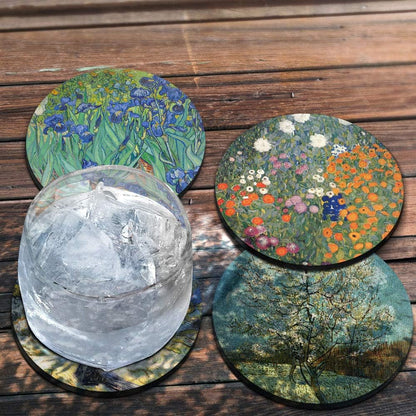 CARIBOU Coasters - Irises, Mulberry, The Pink Peach Tree by Vincent Van Gogh, Gustav Klimt Flower Garden Design Absorbent Round Fabric Felt Neoprene Coasters for Drinks, 4pcs Set