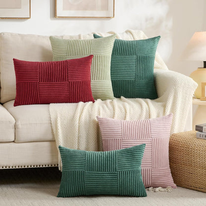 Fancy Homi Set of 2 Blush Pink Boho Decorative Throw Pillow Covers 18x18 Inch for Living Room Bedroom Couch Bed Sofa, Modern Farmhouse Home Decor, Soft Striped Plaid Corduroy Accent Cushion Case