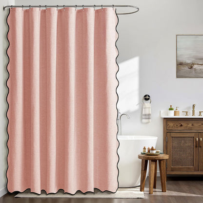 MIULEE 84" Long Scalloped Shower Curtain Linen Textured with 12 Metal Hooks Cute Extra Long Heavy Duty Washable Waterproof Cloth Curtains with Black Border for Bathroom Hotel Bathtub,Blush Pink