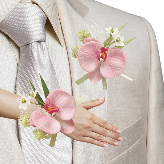 Wrist Corsage and Boutonniere Set, Artificial Orchid Flowers Corsage Wristlet Boutonniere for Men Wedding Prom Suit Decorations (Pink)