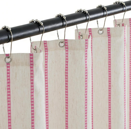 PROCIDA Pink Shower Curtain-Stripeddot Striped, 72x72 Inch Yarn Dyed Linen Blend Cloth Fabric Bathroom Curtain with 12 Metal Hooks, Bath Curtain for Modern Farmhouse Bathrooms