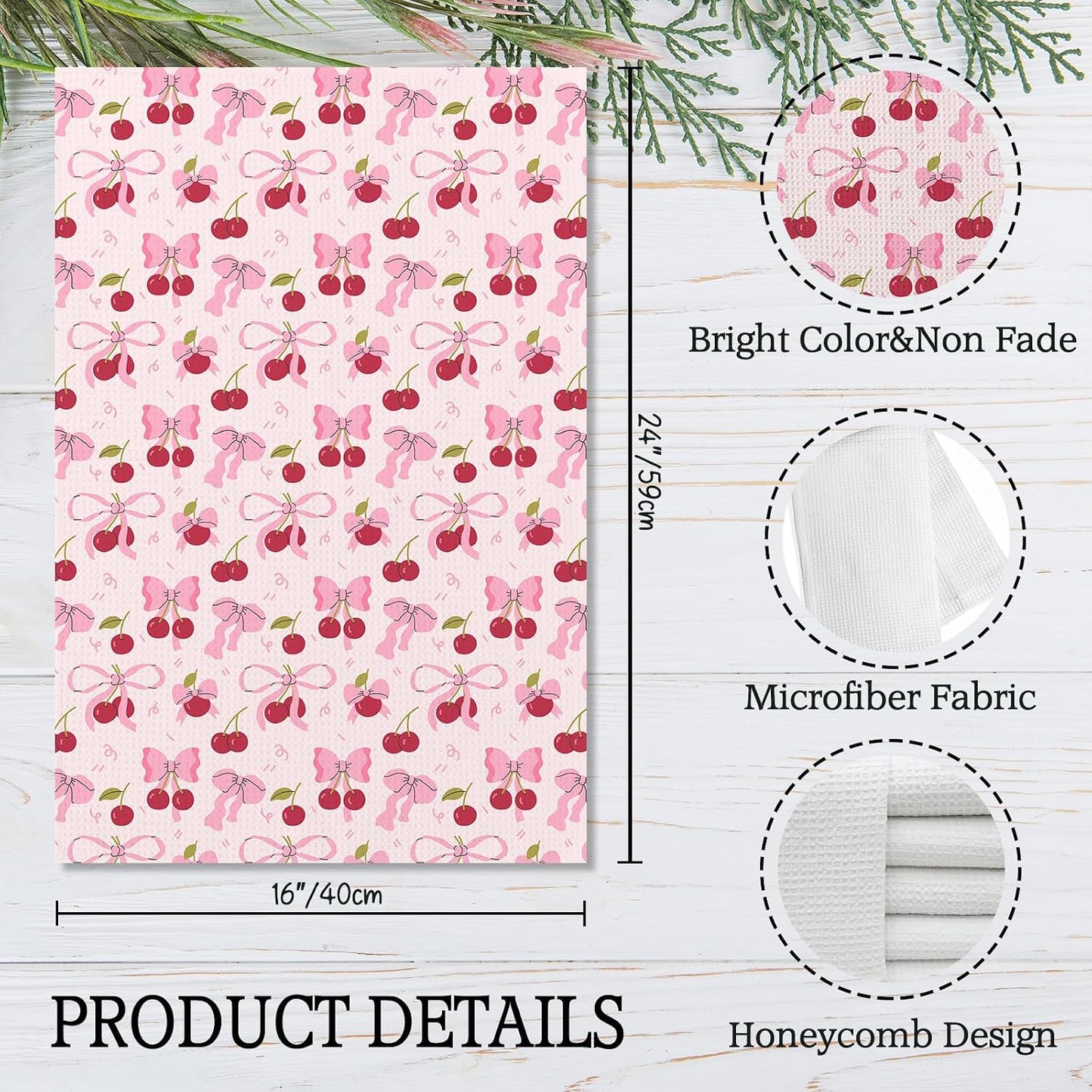 Giosve Pink Bow Cherry Kitchen Towels, Coquette Preppy Bow Decorative Hand Towels for Bathroom, Pink Cherry Dish Tea Towel for Kitchen Decor, Coquette Girly Bathroom Decor, 16x24 Inch Set of 2