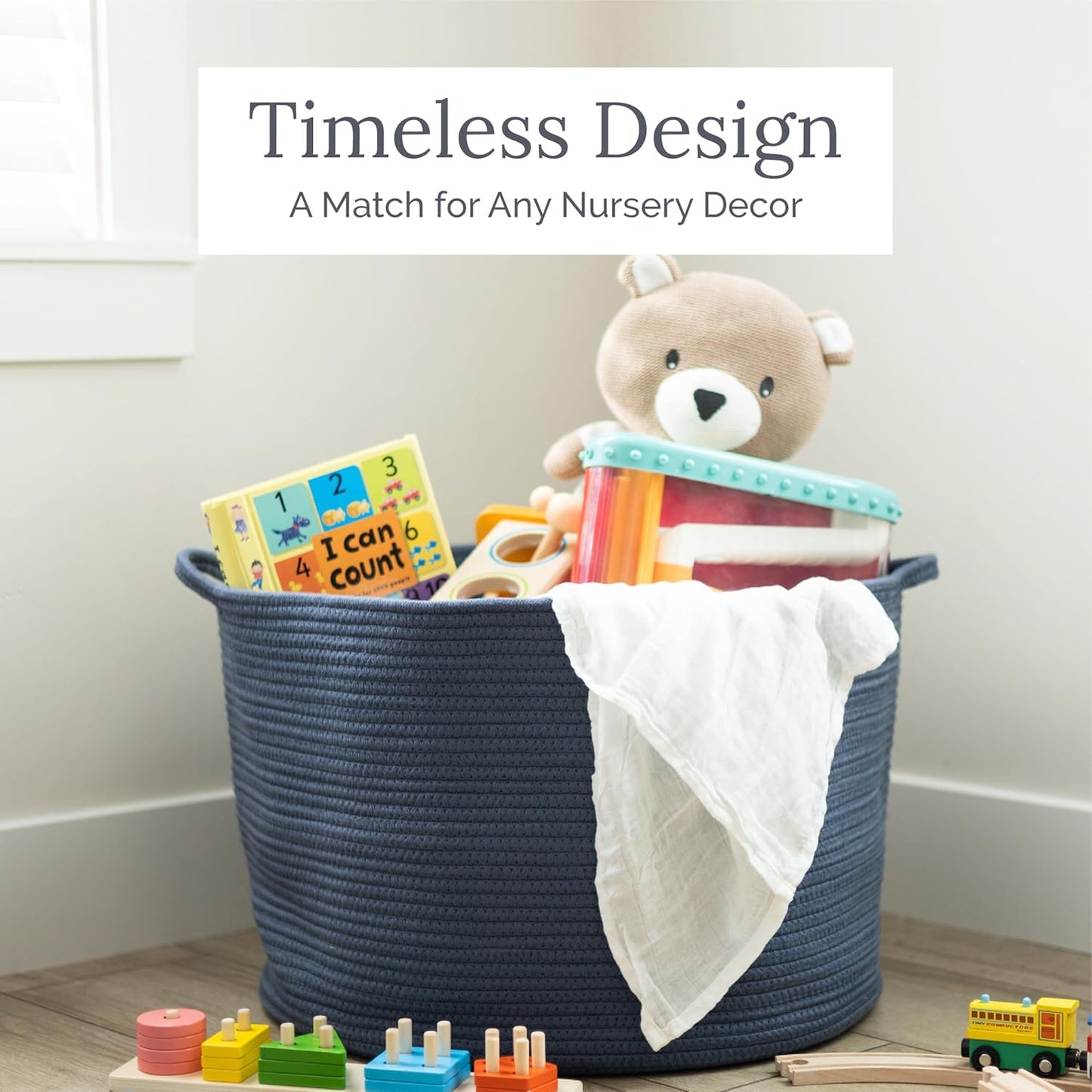 Natemia Rope Storage Basket- Nursery Bin and Toy Organizer (15”x15”x14”), Laundry Basket, Basket for Towels, Pillows and Blankets, Perfect Baby Registry Gift