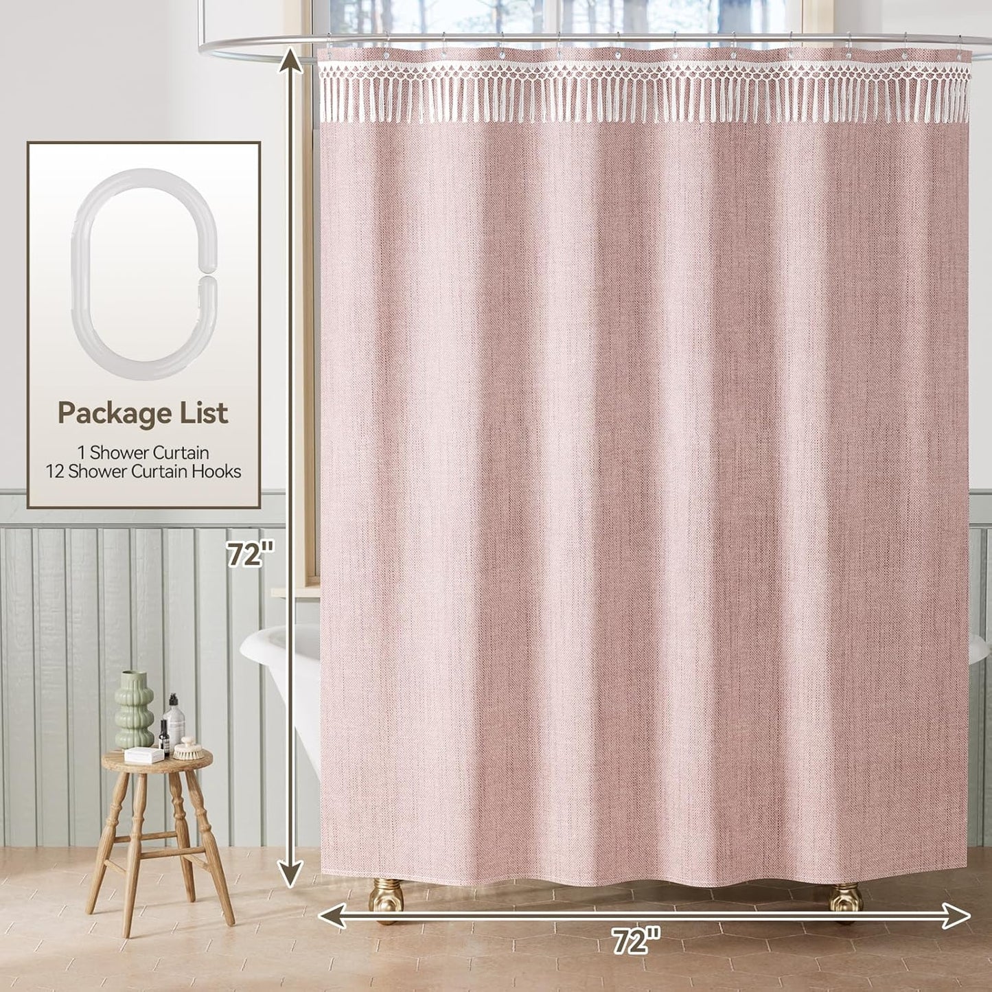 AmazerBath Pink Boho Shower Curtains for Bathroom, Farmhouse Shower Curtain with Top Tassels, Pink Shower Curtain Set, Faux Linen Fabric Shower Curtain with 12 Hooks, Hotel Quality, 72x72 Inches