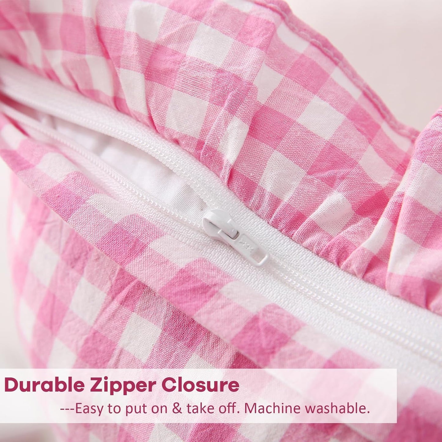 2 Pack Pink White Plaid Ruffle Gingham Throw Lumbar Pillow Shams, 100% Washed Cotton Girly Farmhouse Decorative Checkered Pillow Covers Zipper Closure - 20''x12''