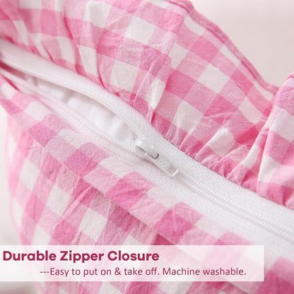 2 Pack Pink White Plaid Ruffle Gingham Throw Lumbar Pillow Shams, 100% Washed Cotton Girly Farmhouse Decorative Checkered Pillow Covers Zipper Closure - 20''x12''