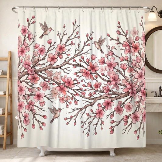 Cherries Blossom Shower Curtain, Spring Natural Bird Branch Spring Peach Polyester Waterproof Decorative Bathroom Curtain for Bathroom Toile Guest Room Decor 72x84 Inch