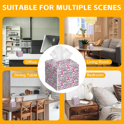 Pink Ribbon Tissue Box Cover,Breast Cancer PU Leather Tissue Box Holder Square,Modern Home Decoration for Bathroom Living Room Kitchen Office Car,5.2"×5.2"×5.2"