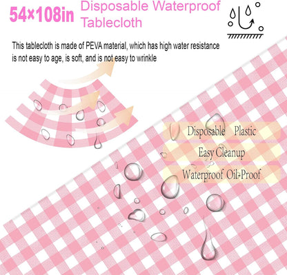 4 Pack Pink and White Checkered Tablecloth Pink Checkered Flag Tablecloth, Disposable Plastic Gingham Table Cover for Parties, Race Car Birthday Party, Birthday, Outdoor Picnic, 54 × 108 Inch