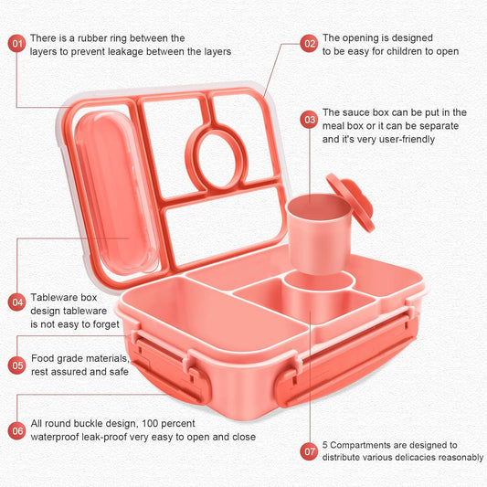 Amathley Bento Box Adult Lunch Box Kids,Lunch Containers for Adults/Kids/Toddler,5 Compartments Bento Lunch Box with Sauce Vontainers,Microwave & Dishwasher & Freezer Safe,BPA-Free (Pink)