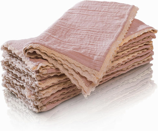 FINGERCRAFT Dinner Cloth Napkin Cotton Muslin Double Gauze 12 Pack with Classic Lace for Everyday Use, Wedding, Party, Christmas, Easter Napkins Cloth are Pre Shrunk and Good Absorbency Peach Wipe