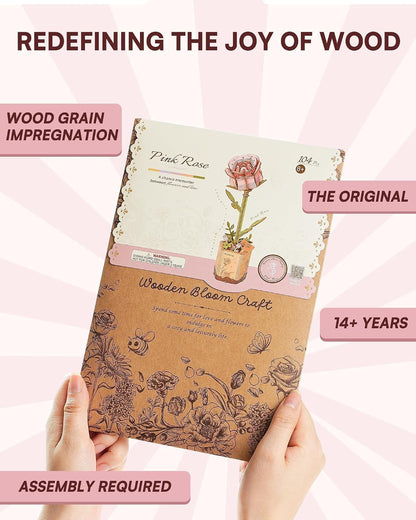 3D Flower Wooden Puzzles for Adults-Pink Rose, DIY Wooden Flowers Model Kit Building Set Crafts Birthday Gifts, Artificial Botanical Collection Creative Gift Ideas/Housewarming (104PCS)