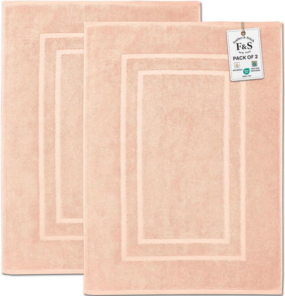 Feather & Stitch 2 Piece Towel Like Bath Mats (30x21 Inch) 100% Cotton Terry Bath Mats, Bathroom Shower Floor Mats [NOT A Bathroom Rug], Soft Absorbent Washable Mats - Pale Peach