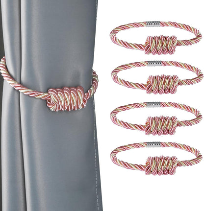 4Pack Magnetic Curtain Tiebacks – Bohemian Style Handmade Woven Tie-Backs for Drapes,Elegant Exquisite Knot Holdbacks,Outdoor Boho & Modern Home Decor (Mix Pink, 4 Pack)