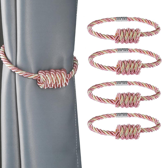 4Pack Magnetic Curtain Tiebacks – Bohemian Style Handmade Woven Tie-Backs for Drapes,Elegant Exquisite Knot Holdbacks,Outdoor Boho & Modern Home Decor (Mix Pink, 4 Pack)