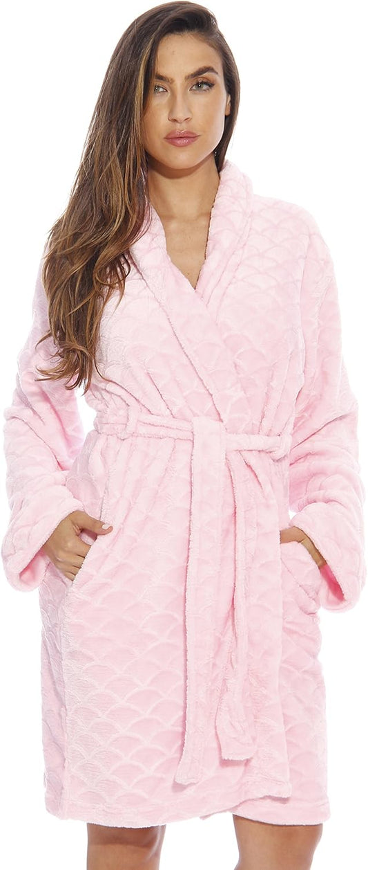 Just Love Women's Plush Fleece Bathrobe, Shawl Collar Jacquard Robe with Tie Belt