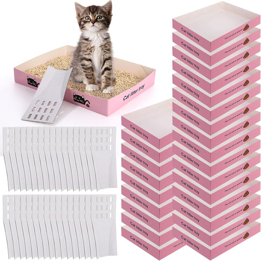 Amyhill 60 Pack Disposable Litter Boxes for Cats, 30 Foldable Travel Kitty Litter Boxes & 30 Scoops, Portable Waterproof Cardboard Cat Trays for Small Pets, 13.8 x 10 x 2inch Pink
