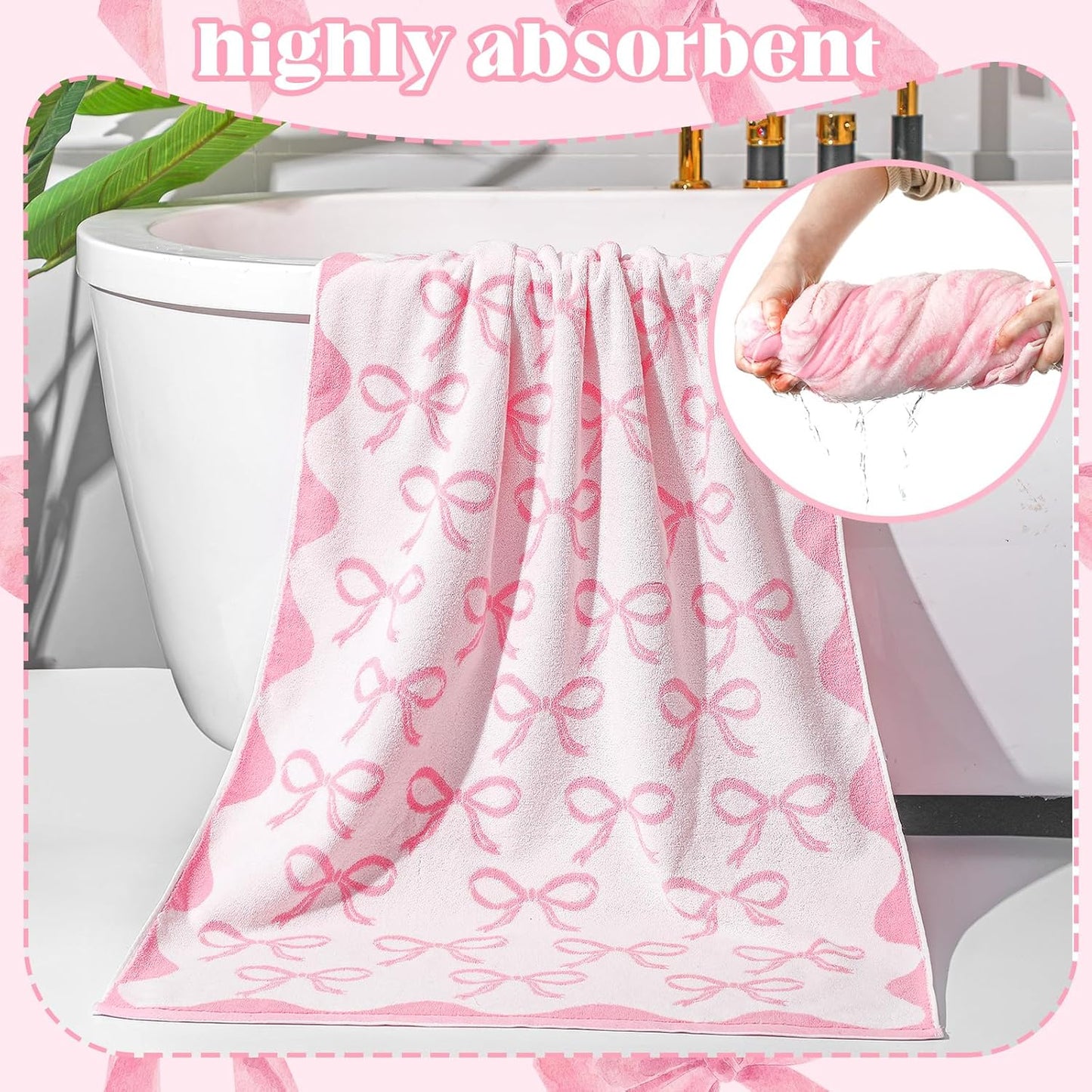SmoothNovelty 2 Pcs Pink Bow Bathroom Towels 100% Cotton Coquette Bow Bath Towels 28 x 55 Inch Absorbent Soft Preppy Bathroom Decor for Spa Gym Kitchen Women Gifts