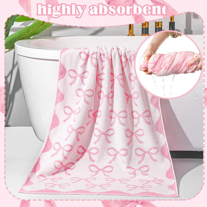 SmoothNovelty 2 Pcs Pink Bow Bathroom Towels 100% Cotton Coquette Bow Bath Towels 28 x 55 Inch Absorbent Soft Preppy Bathroom Decor for Spa Gym Kitchen Women Gifts