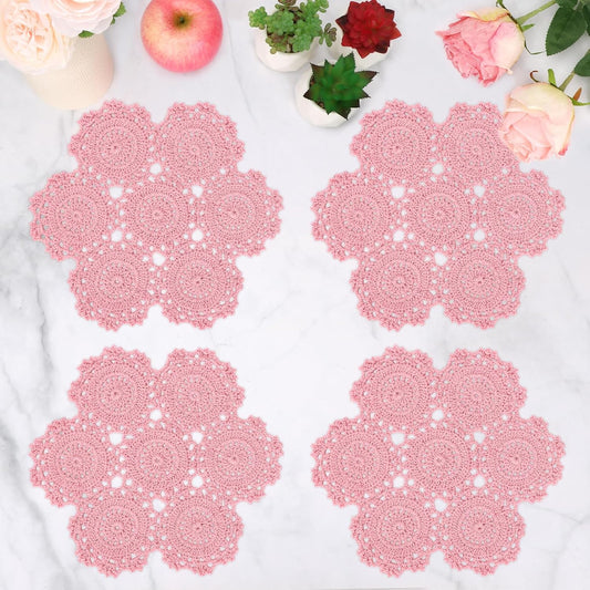 kilofly Crochet Cotton Lace Table Placemats Doilies Pack, 4pc, Blossoms, 10 inch (Pink)
