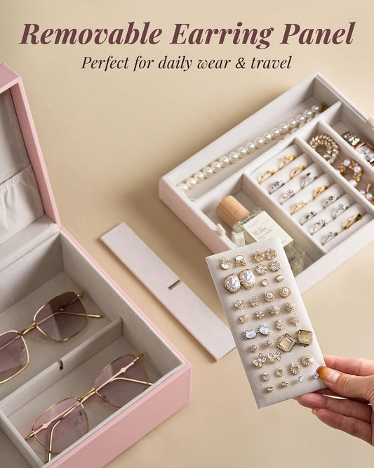 pickpiff 2 Layer Jewelry Box Organizer for Women, Jewelry Organizer with Handle & Removable Tray, Necklace Holder Ring Earring Storage, Velvet Lined Jewelry Case for Home or Travel, Gift Ready, Pink