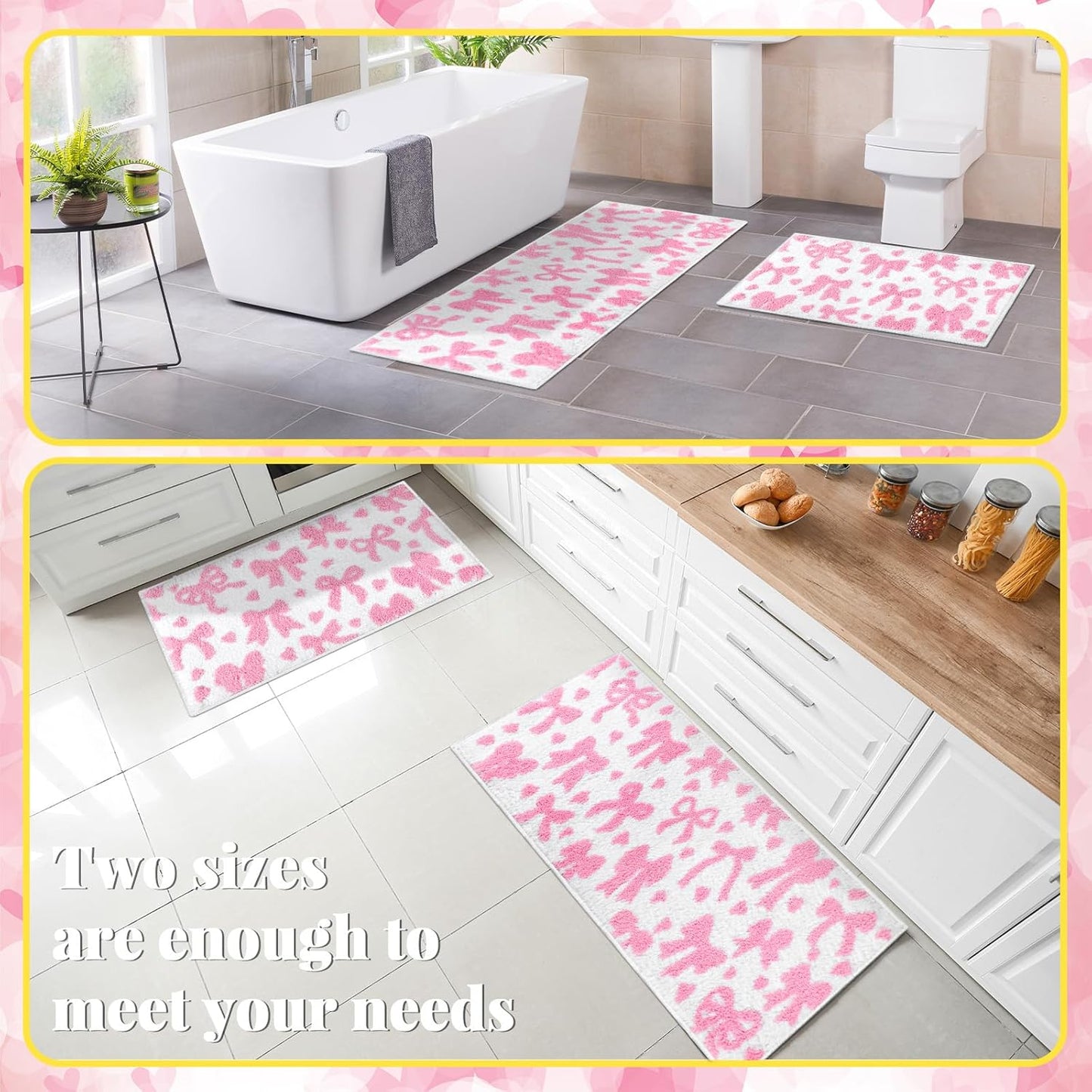 Duraaamo 2 Pcs Pink Bow Bathroom Rugs Non Slip Coquette Bow Bath Mat Aesthetic Decor Soft and Absorbent Microfiber Bath Rugs for Shower Floor Bathroom Decor Runner