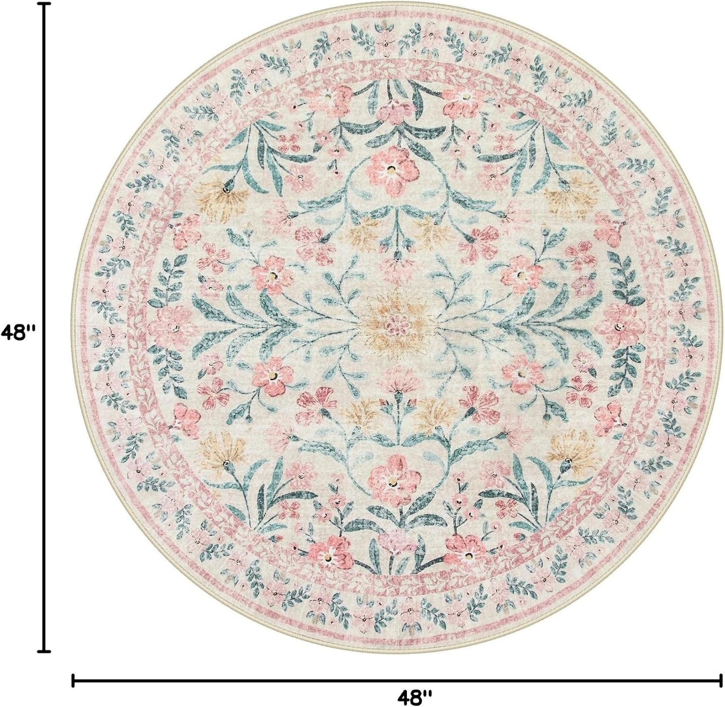 Lahome Sylvie Boho Light Pink Round Rug 4ft, Washable Small Circle Rugs for Bedroom Kids, Pink and Green Nursery Circular Carpet Girl Decor, Soft Non-Slip Round Carpet for Sunroom, Blush