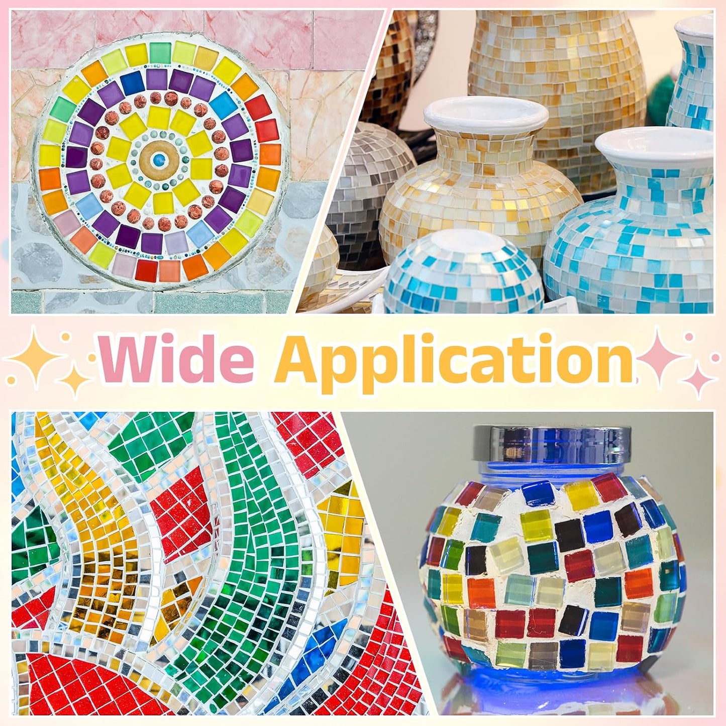 uxcell 300Pcs Glass Mosaic Tiles, 300g Square Crystal Mosaic Glass Crafts Supplies Ceramic Tiles for Crafts Bulk Picture Frames Flowerpots Home Art Decor (0.4 x 0.4 Inch, Peach)